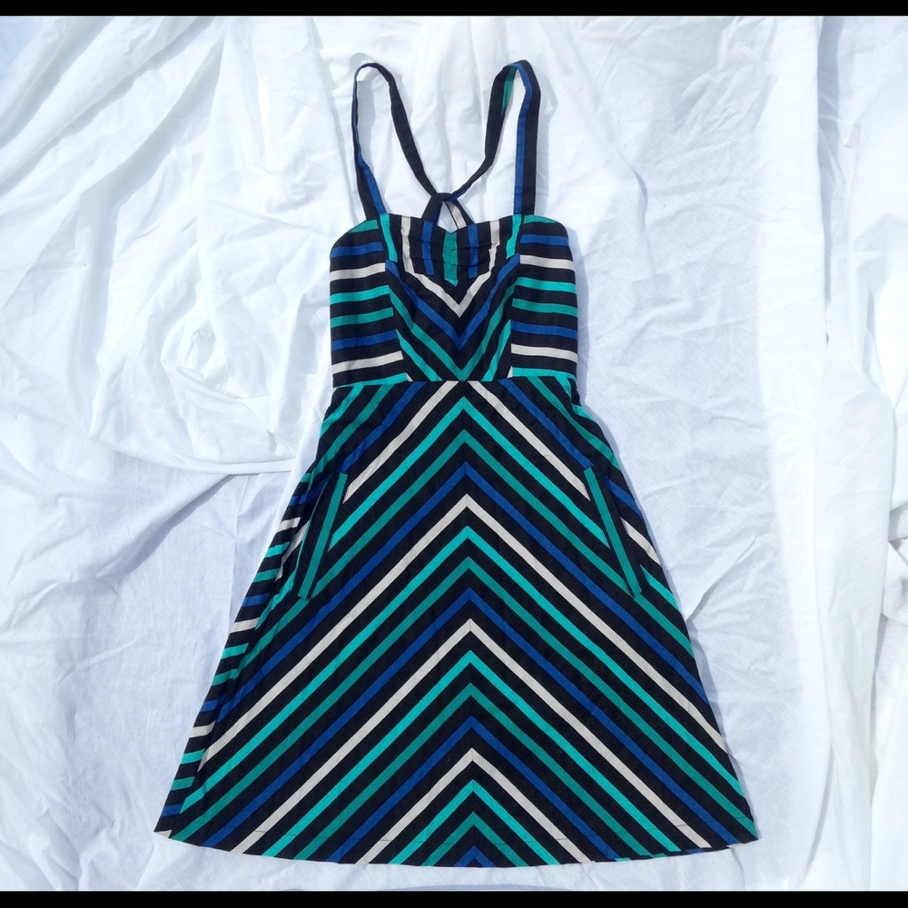 Sweetheart Dress, Chevron Dress, Retro Dress, Blue Dress Striped Dress XS Dress